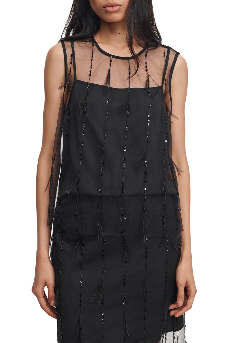Geena Sequin Ostrich Feather Tank, Main, color, BLACK