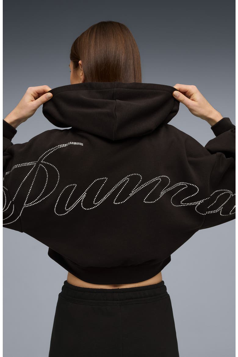 Essentials Bedazzled Rhinestone Embellished Cropped Graphic Hoodie, Alternate, color, PUMA BLACK