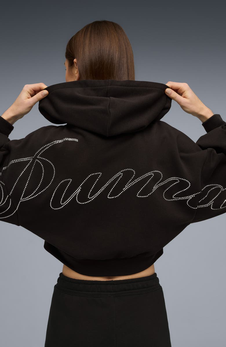 PUMA Essentials Bedazzled Rhinestone Embellished Cropped Graphic Hoodie, Alternate, color, 
