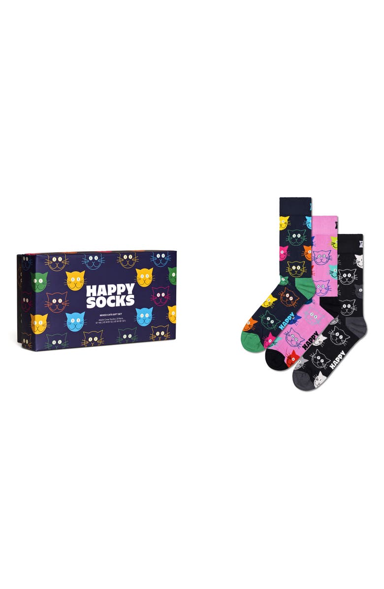 Happy Socks Mixed Cats 3-Pack Cotton Blend Crew Socks Gift Set, Main, color,