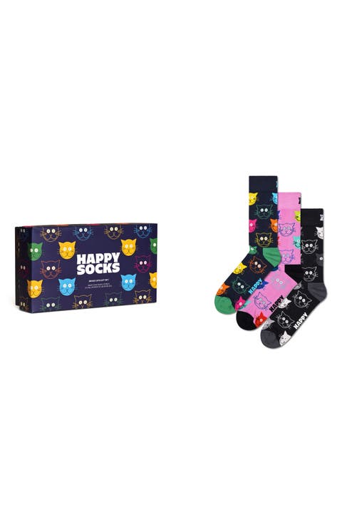 Mixed Cats 3-Pack Cotton Blend Crew Socks Gift Set