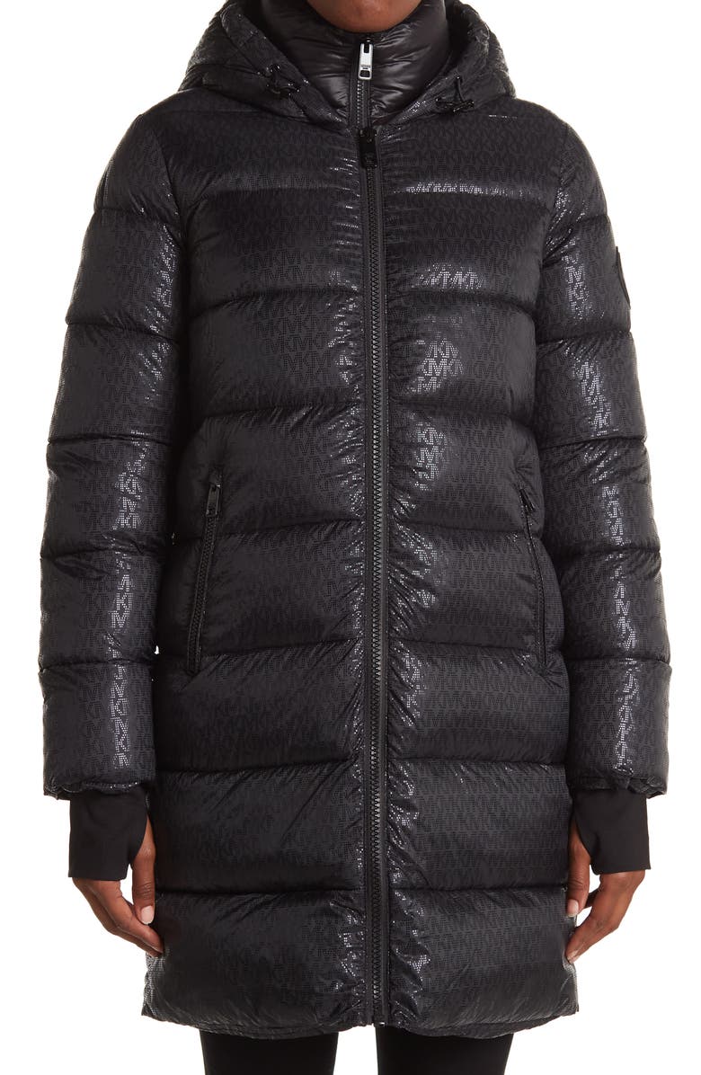 Michael Kors Water-Resistant Hooded Shiny Logo Print Nylon Puffer Jacket, Alternate, color, 