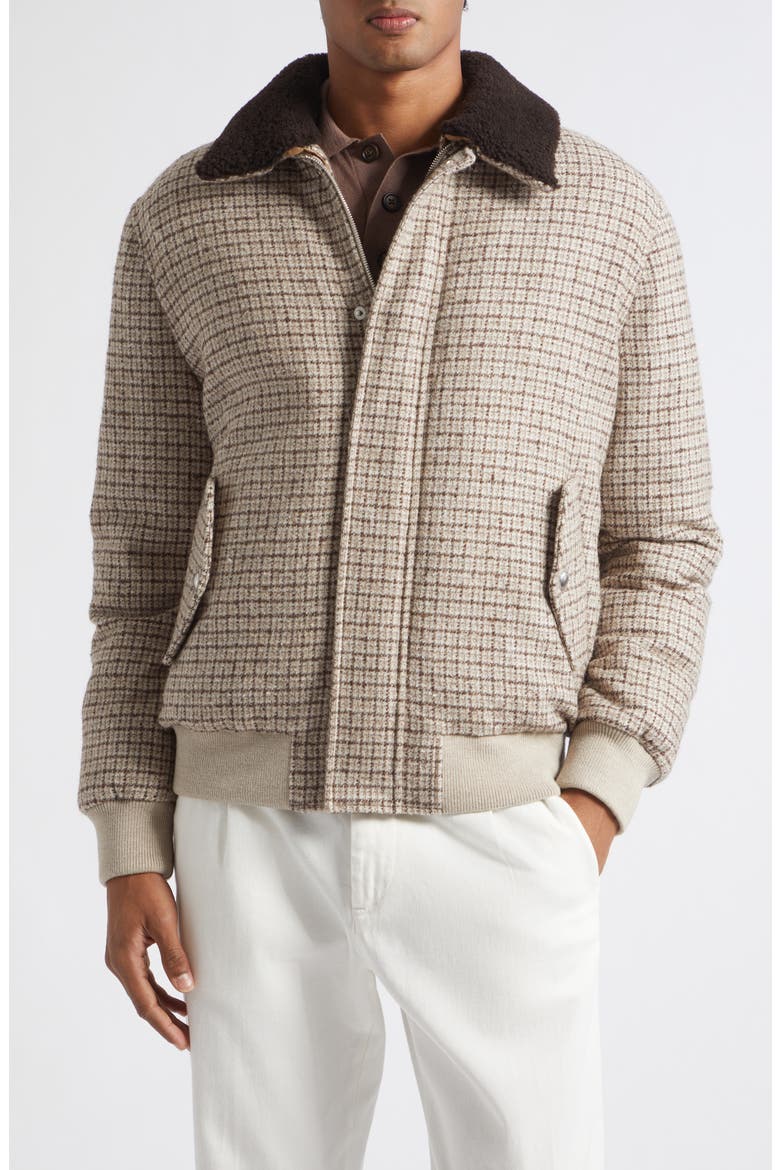 Wool Blend Bomber Jacket with Genuine Shearling Collar, Main, color, 05 BROWN