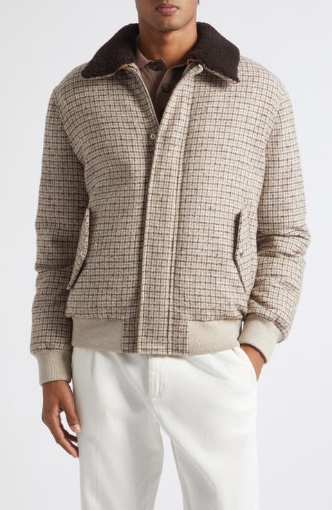 Wool Blend Bomber Jacket with Genuine Shearling Collar