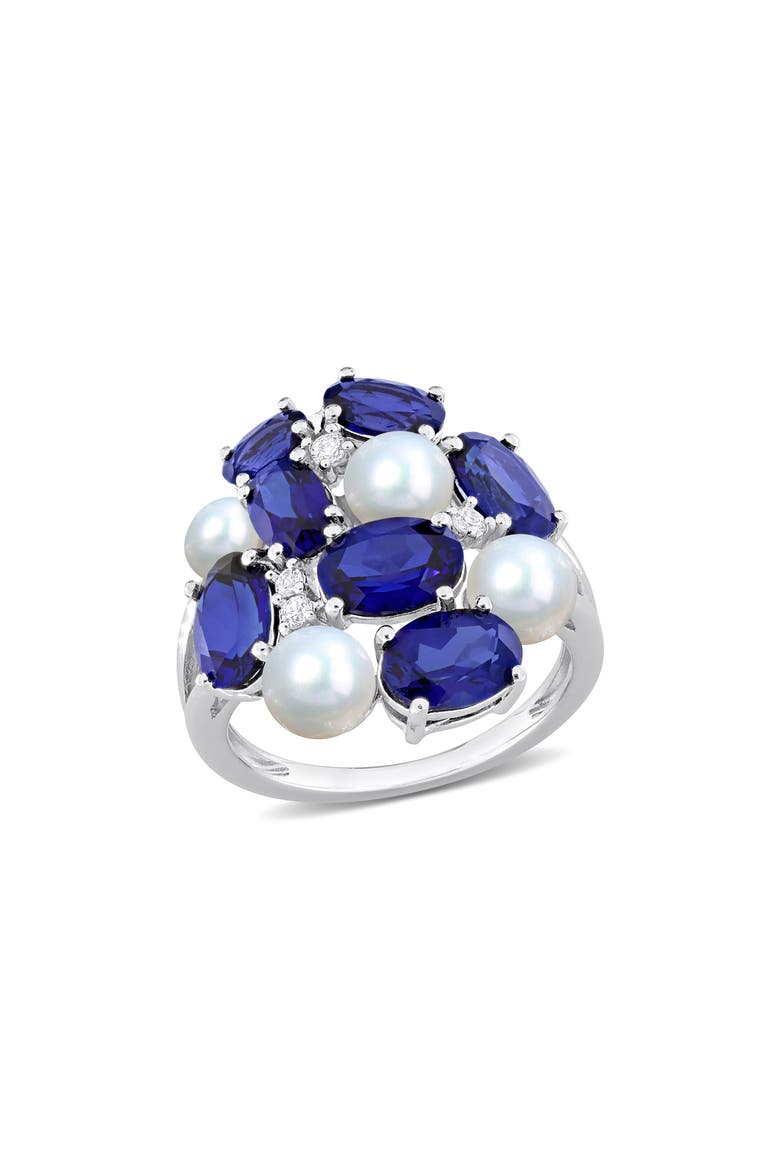 Lab Grown Blue & White Sapphire & Cultured Freshwater Pearl Ring, Main, color, BLUE