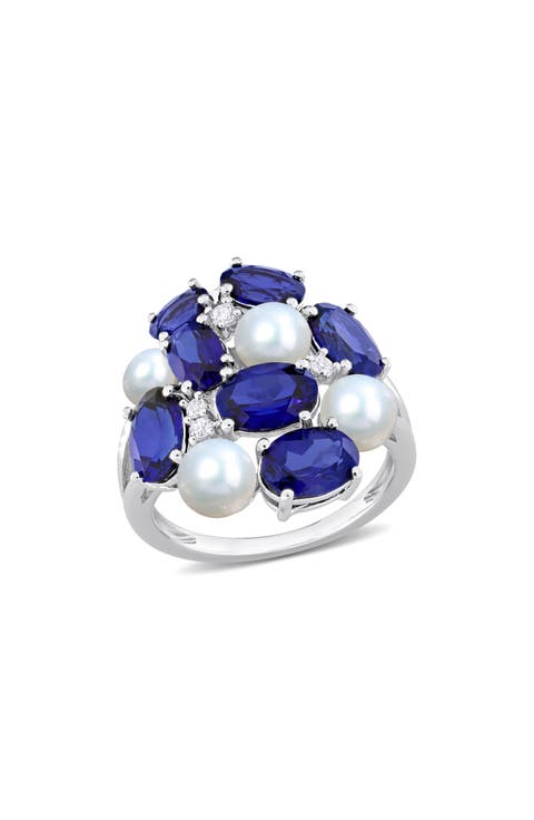 Lab Grown Blue & White Sapphire & Cultured Freshwater Pearl Ring