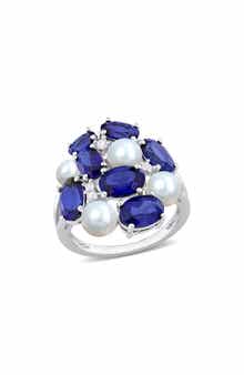 DELMAR Lab Grown Blue & White Sapphire & Cultured Freshwater Pearl Ring