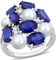DELMAR Lab Grown Blue & White Sapphire & Cultured Freshwater Pearl Ring