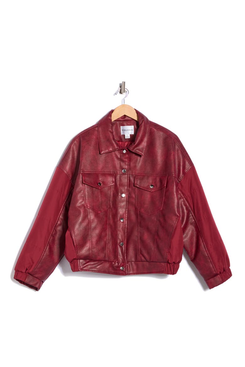 Faux Leather Trucker Jacket, Alternate, color, OXBLOOD