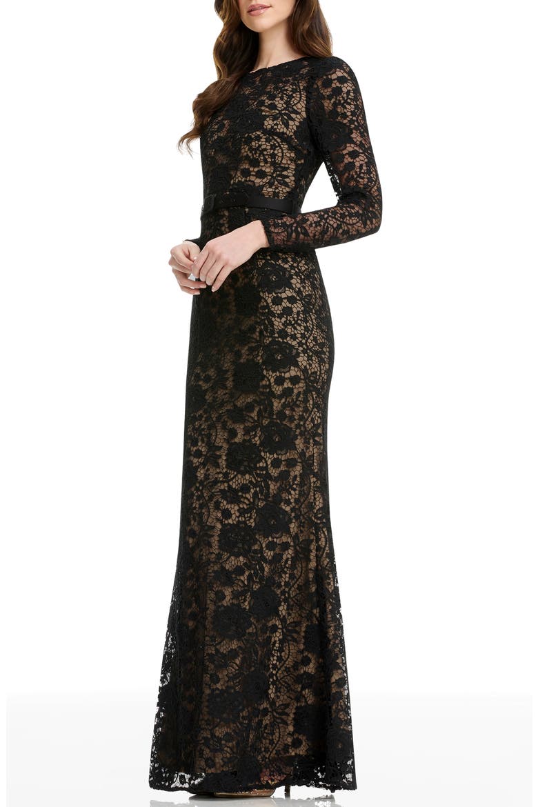 Tamra Floral Lace Long Sleeve Mermaid Gown, Alternate, color, BLACK