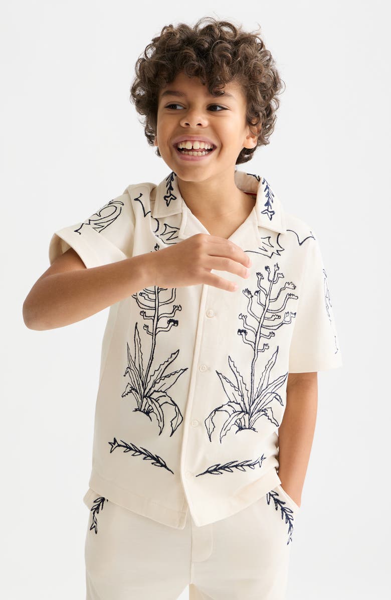 Scotch & Soda Kids' Embroidered Print Cotton Button-Up Camp Shirt, Alternate, color, Eggnog
