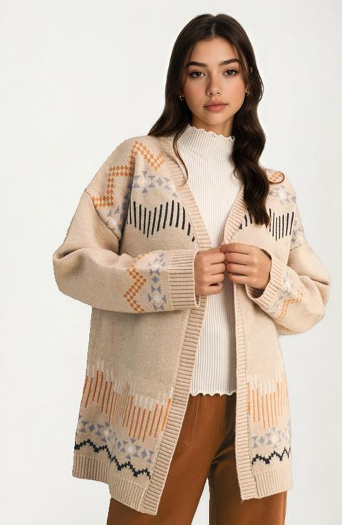 Scallop Trim Geometric Knit Pattern Cardigan