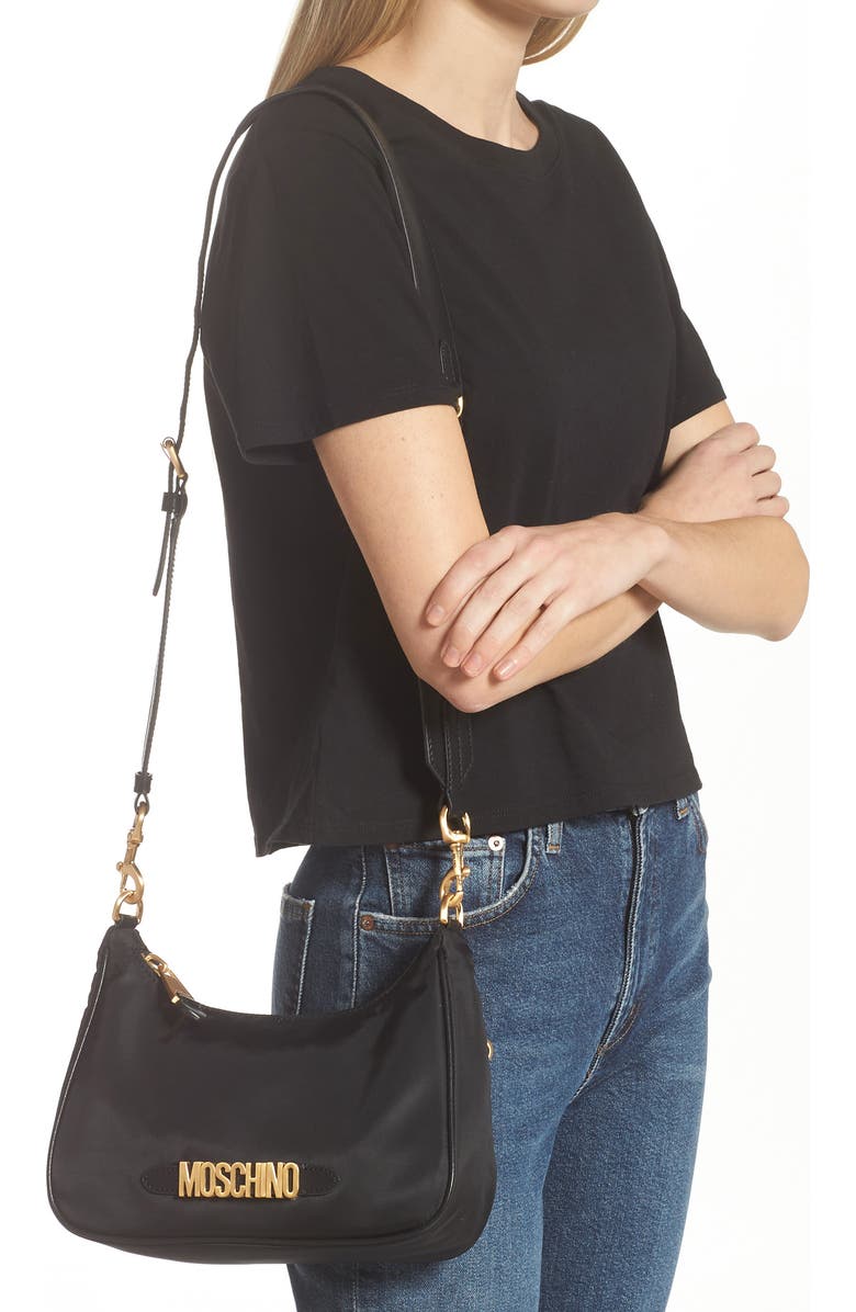 Moschino Logo Lettering Nylon Hobo Bag, Alternate, color,