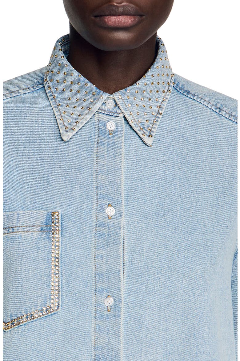 Rhinestone cropped denim shirt, Alternate, color, Light bu jean