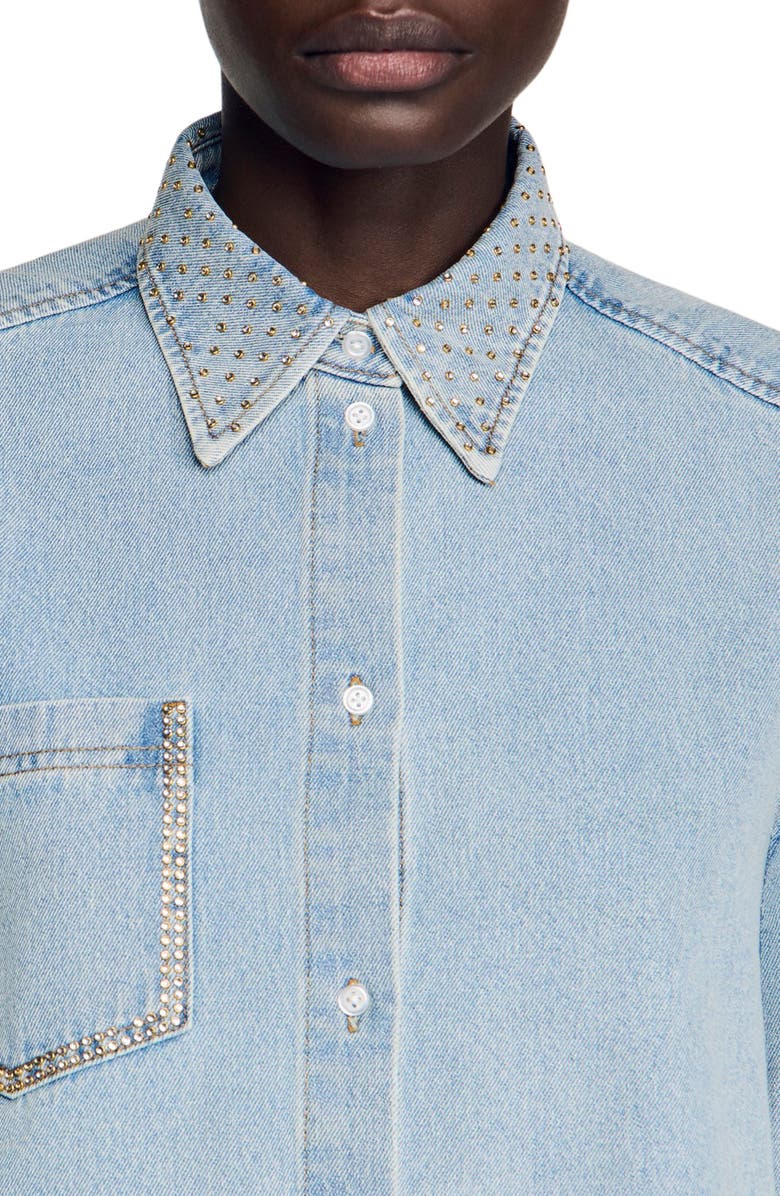 SANDRO Rhinestone cropped denim shirt, Alternate, color, Light Bu Jean