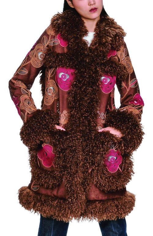 Anna Sui Poiret Rose Embroidered Faux Suede Faux Fur Trim Coat In Multi