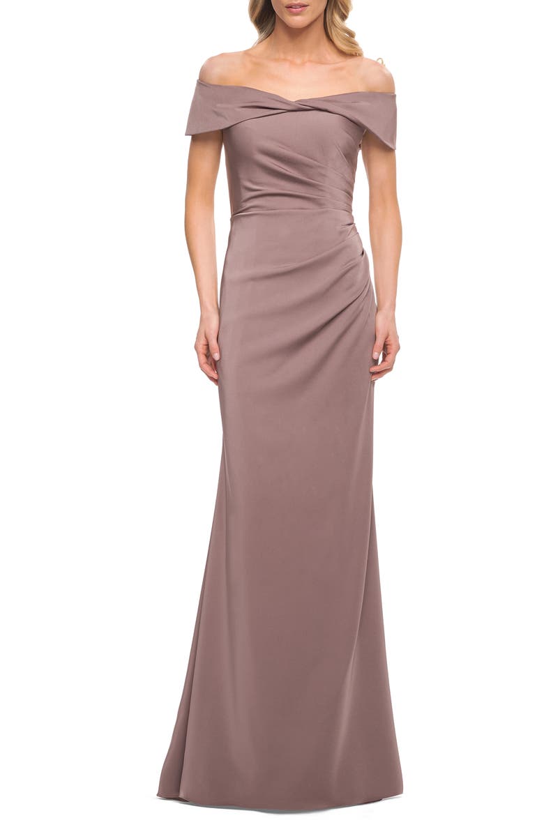 La Femme Off the Shoulder Satin Trumpet Gown, Main, color, 