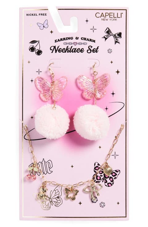 Kids' Butterfly Charm Earrings & Necklace Set