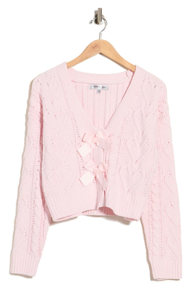 Heart Cable Bow Cardigan, Main, color, LIGHT PINK