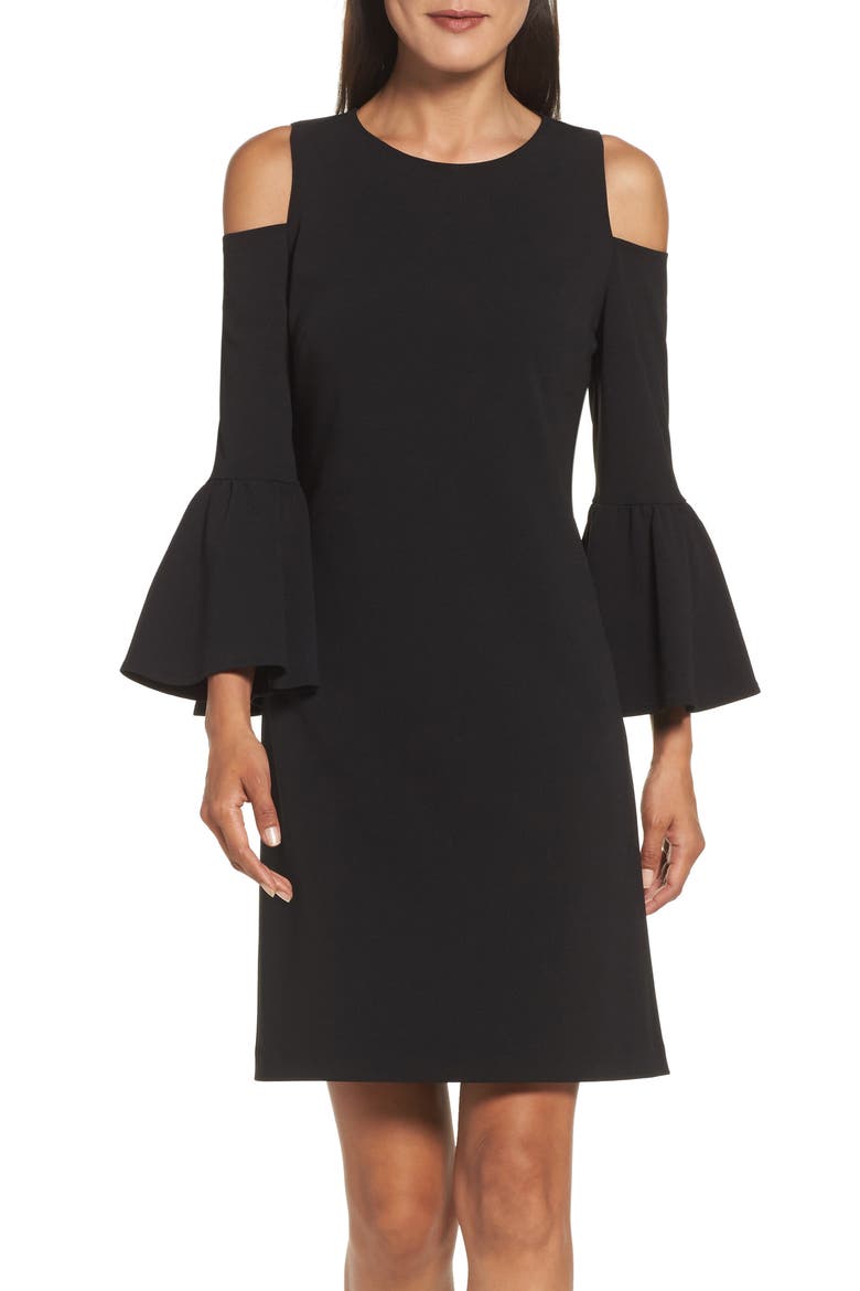 Cold Shoulder Crepe Dress, Alternate, color, BLACK