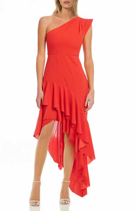 Jewel Badgley Mischka Ruffle One-Shoulder Asymmetric Hem Cocktail Dress