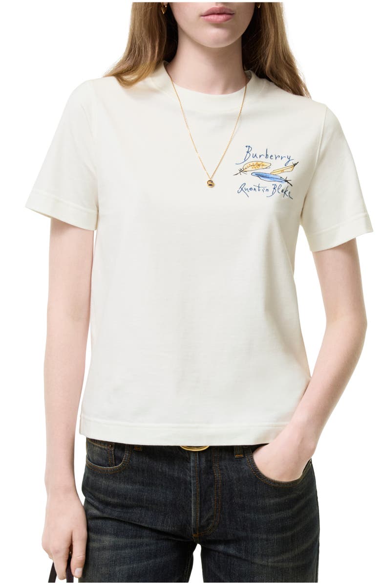 Burberry Feather Print Cotton T-shirt, Main, color, Chalk White