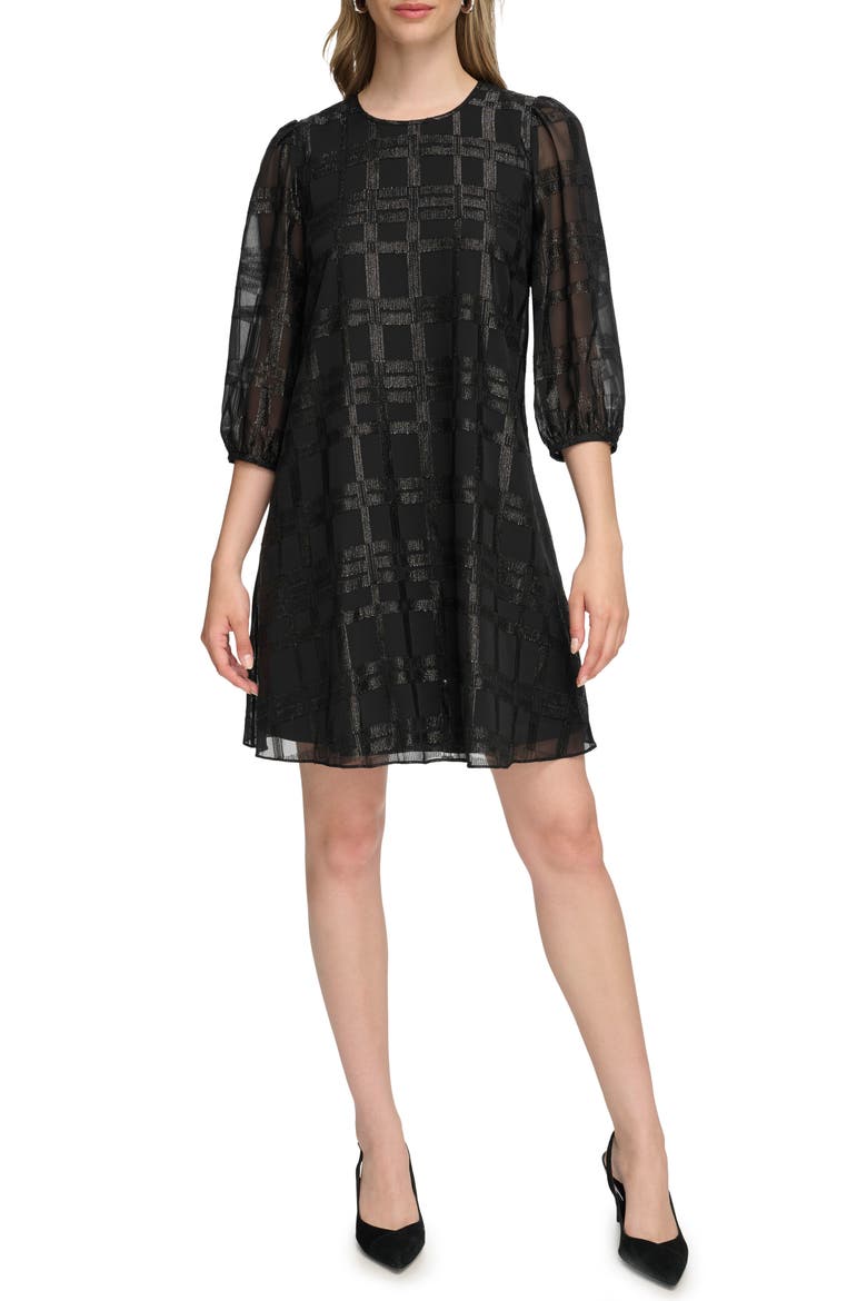 Metallic Plaid Chiffon Trapeze Dress, Main, color, BLACK
