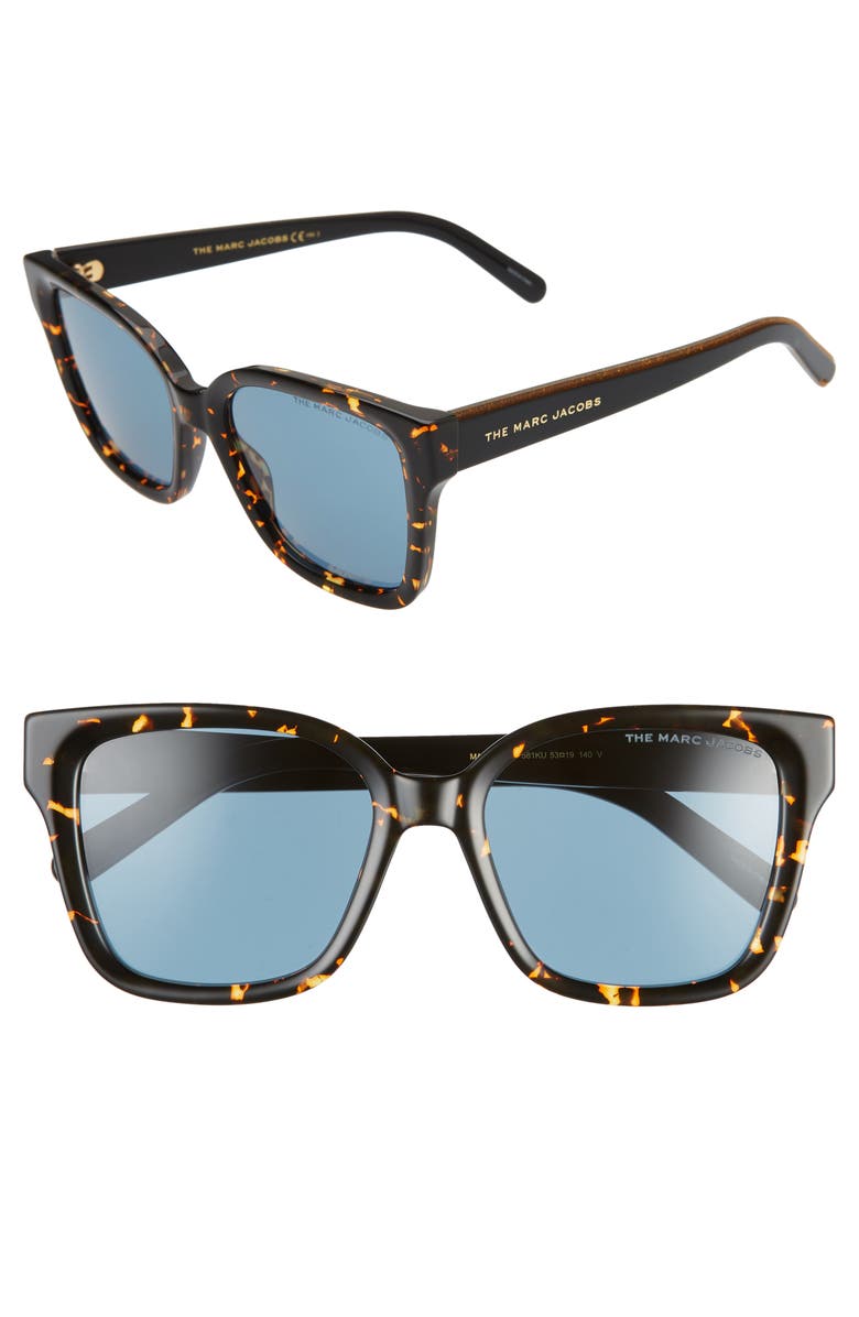 Marc Jacobs 53mm Square Sunglasses, Main, color, Havana Black/ Blue Avio
