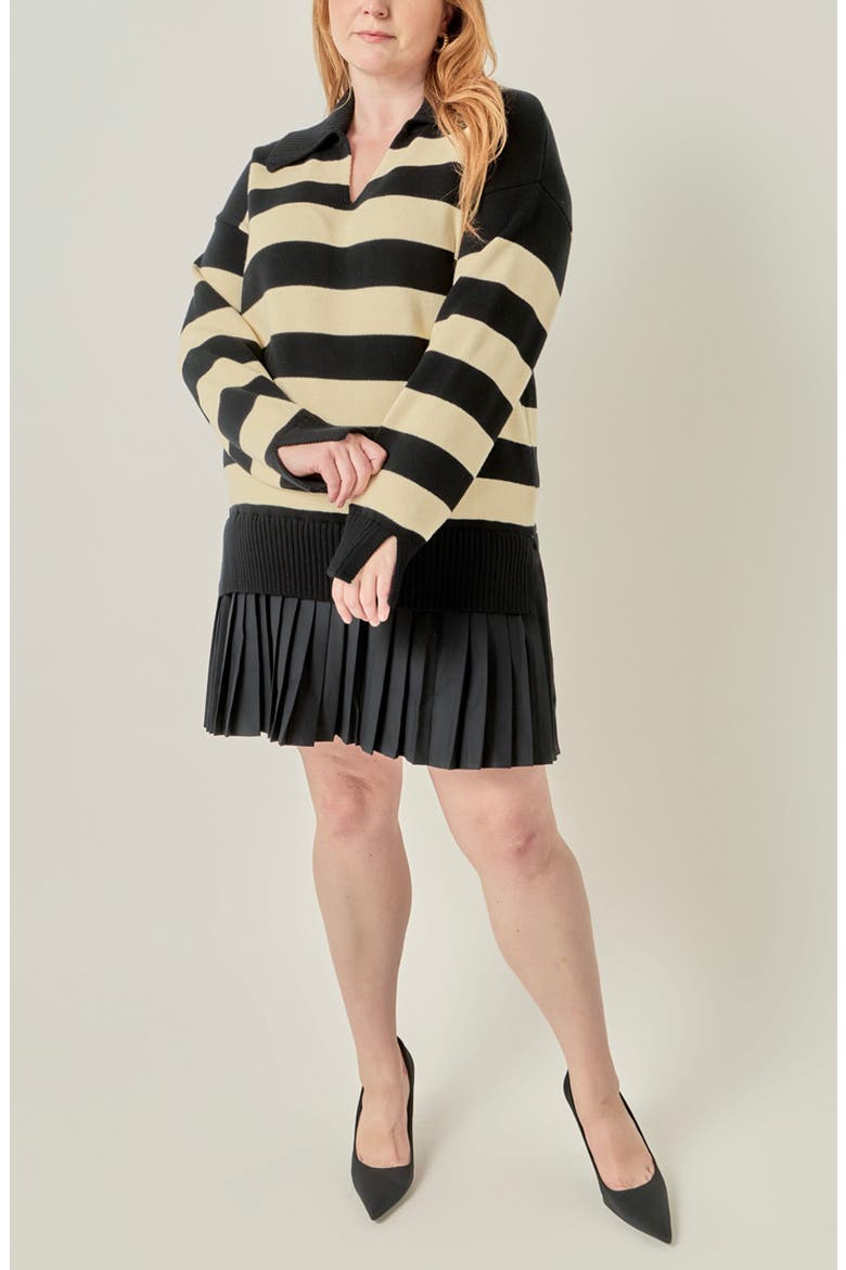 Mixed Media Striped Pleated Minidress, Alternate, color, BLACK/ NUDE