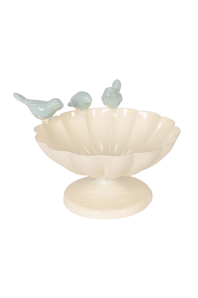 Decorative Metal Scalloped Bowl with 3D Birds on Rim, Antique White and Blue, Main, color, White