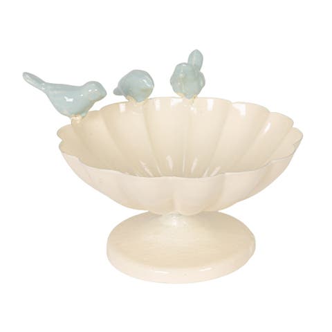 Decorative Metal Scalloped Bowl with 3D Birds on Rim, Antique White and Blue