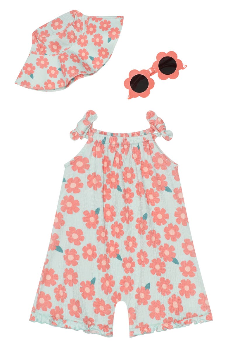 Petit Lem’s Mini Threads Floral Romper, Bucket Hat & Sunglasses Set, Main, color, Flower