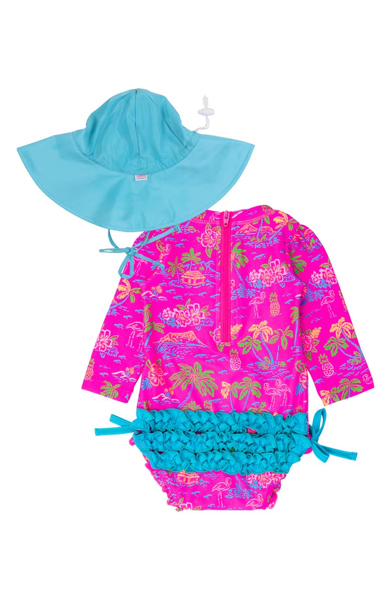 RuffleButts Vibrant Neon Island Time One-Piece Rashguard Swimsuit & Hat Set, Alternate, color, 