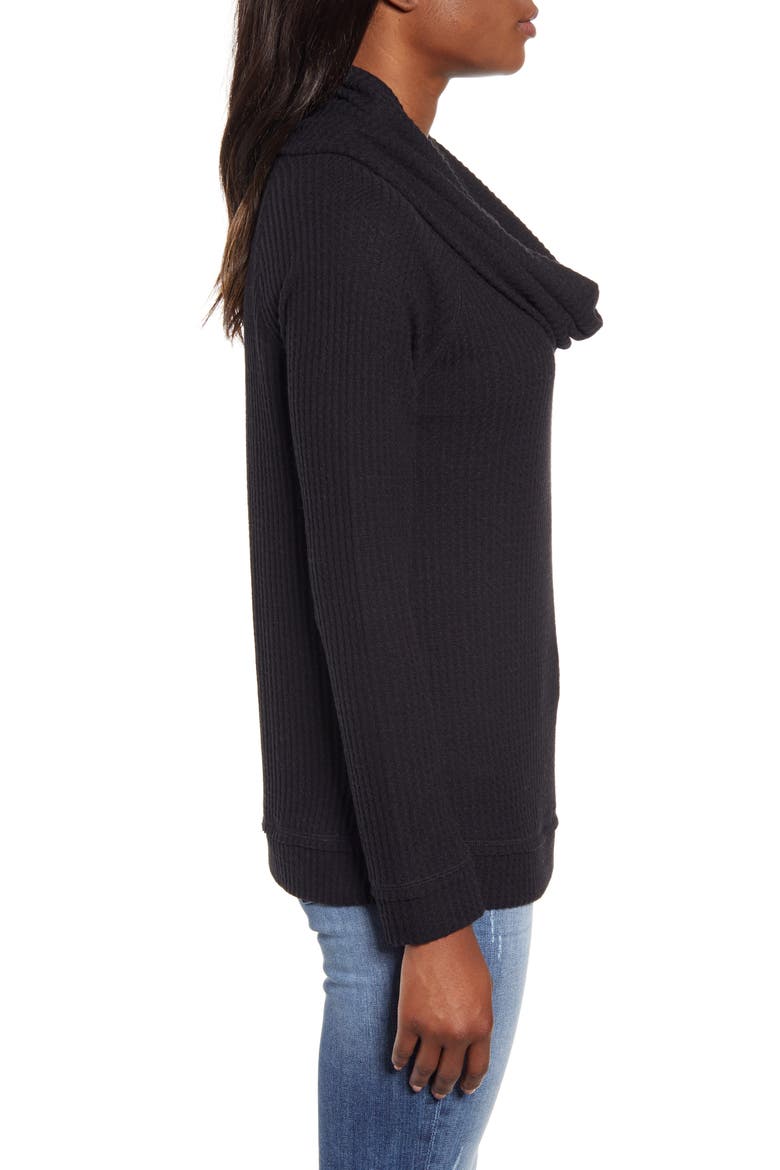 Cowl Neck Waffle Knit Top, Alternate, color, BLACK