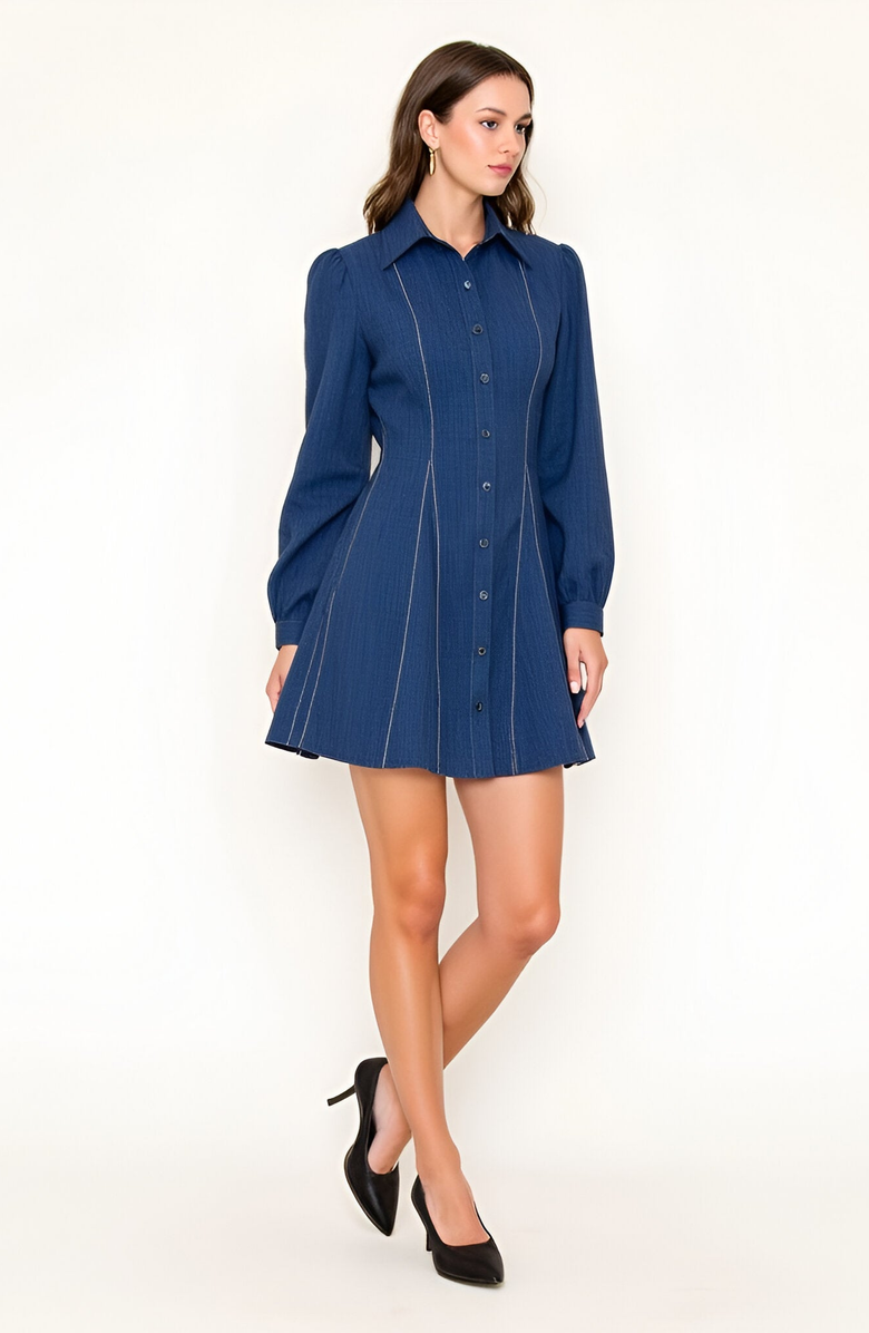 Modenaire Long-Sleeve Denim Contrast-Stitching Flared-Hem Shirt Dress, Alternate, color, Blue