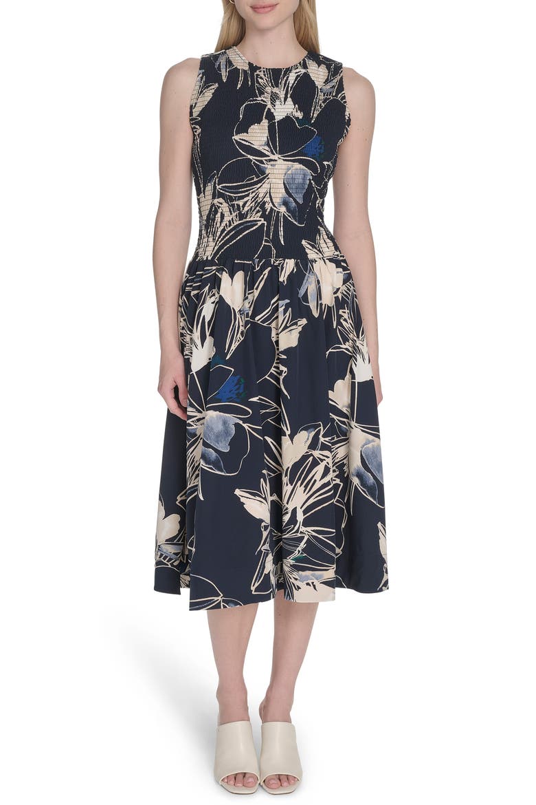 Floral Sleeveless Smocked Fit & Flare Midi Dress, Main, color, INDIGO MULTI