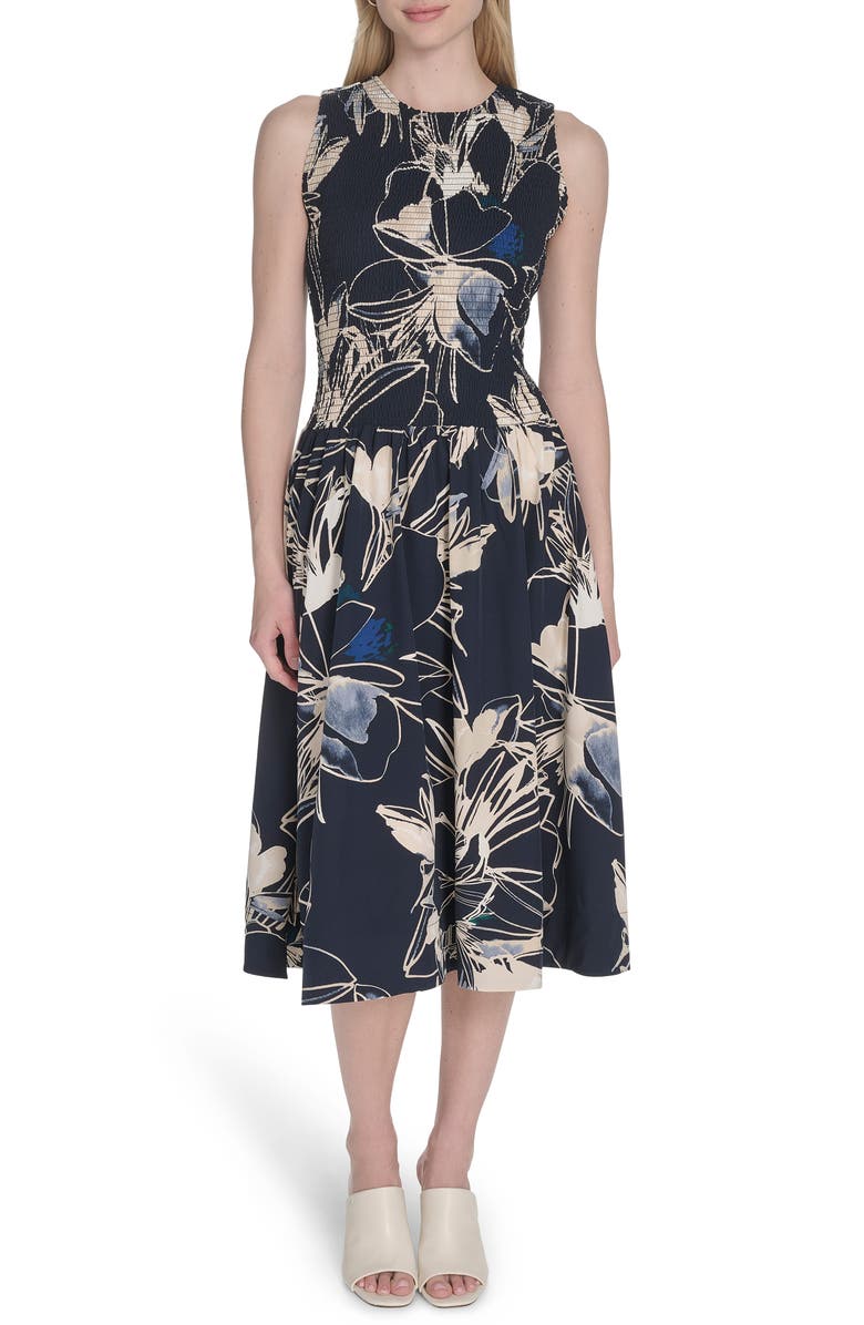 Calvin Klein Floral Sleeveless Smocked Fit & Flare Midi Dress, Main, color, Indigo Multi