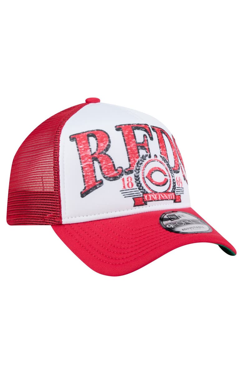 New Era Men's New Era White/Red Cincinnati Reds Distressed 9FORTY A-Frame Adjustable Trucker Hat, Alternate, color, White