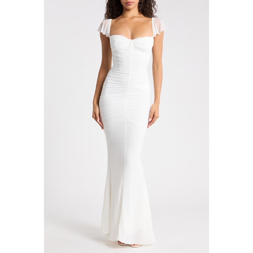 HOUSE OF CB Antonella Ruched Mesh Dress in White at Nordstrom, Size X-Large