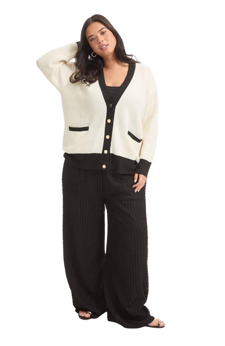 June + Vie Contrast V-Neck Cardigan, Main, color, Black And Cream