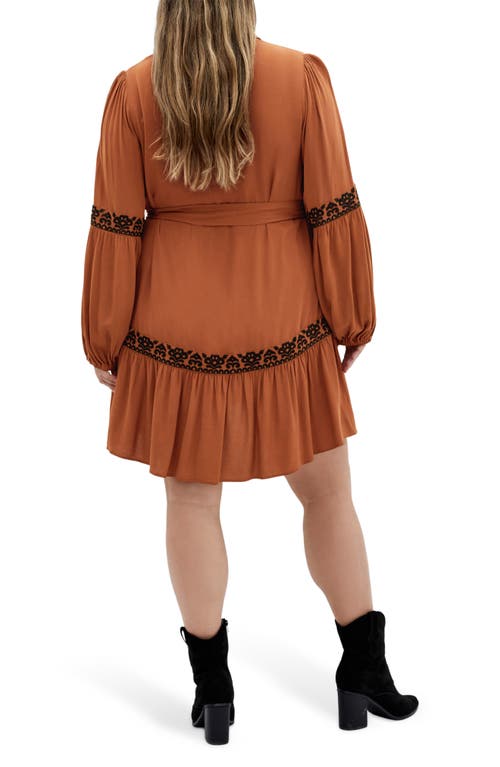 City Chic Marlie Long Sleeve Embroidered Minidress In Brown