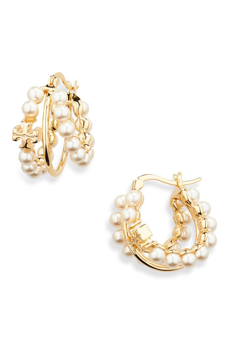 Kira Faux Pearl Triple Row Hoop Earrings, Main, color, TORY GOLD / PEARL