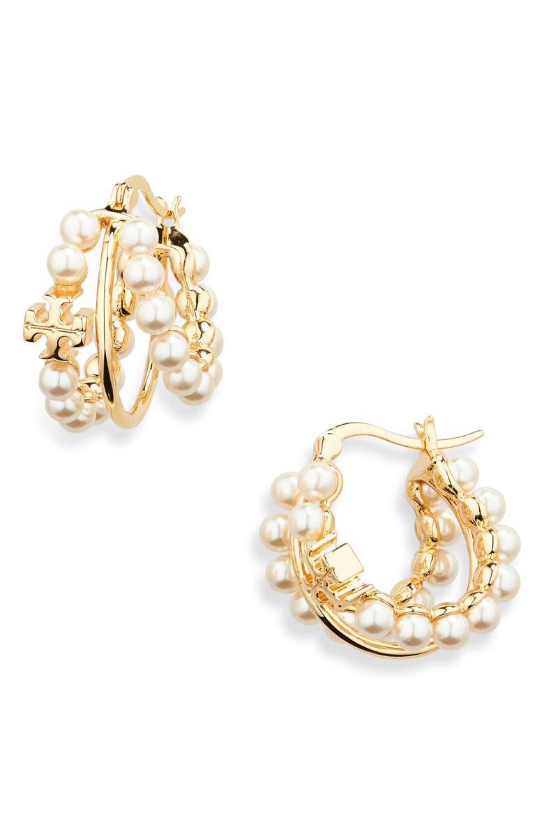 Tory Burch Kira Faux Pearl Triple Row Hoop Earrings, Main, color, 