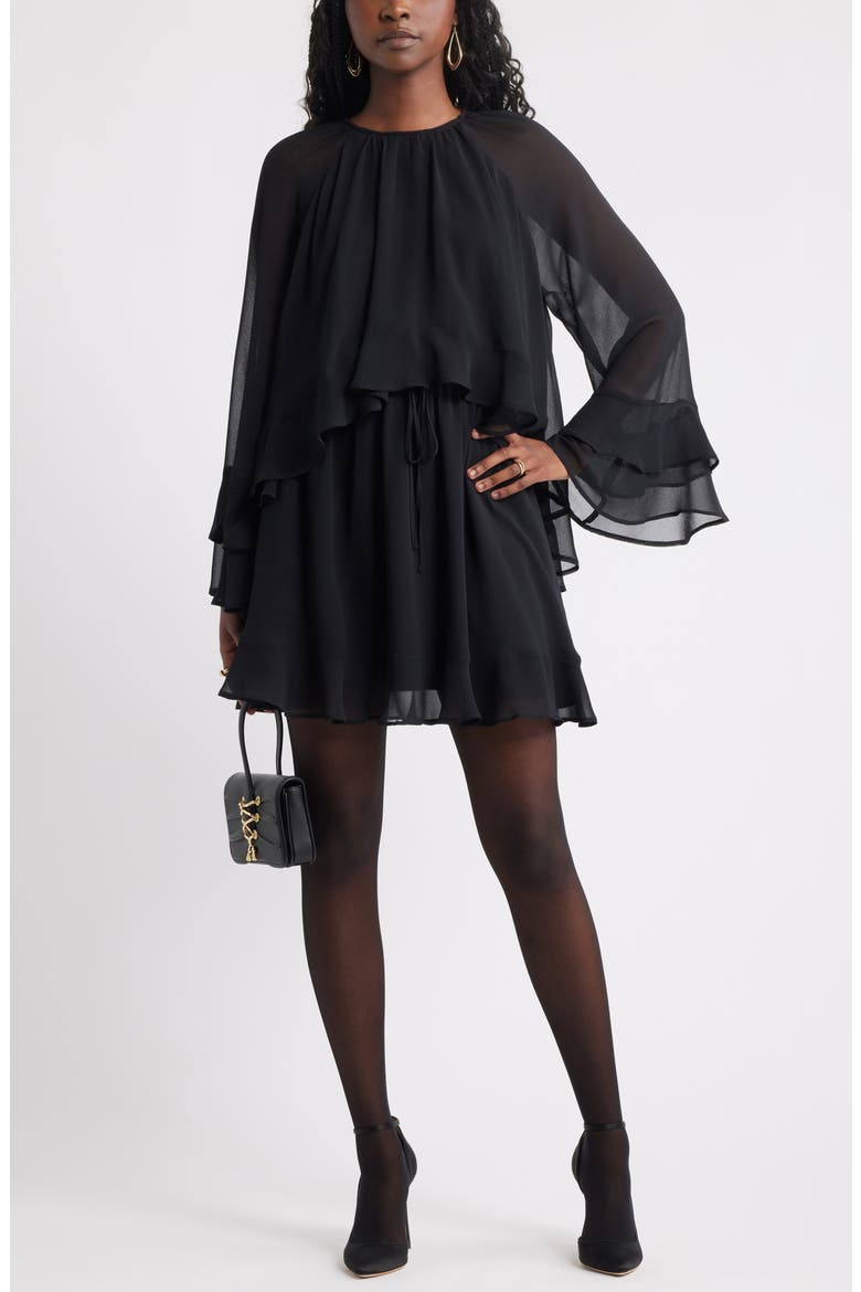 Tiered Long Sleeve Chiffon Minidress, Main, color, BLACK