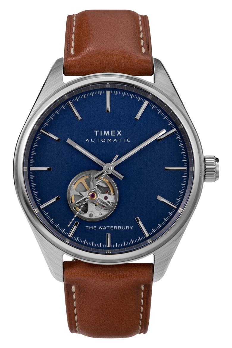 Waterbury Traditional Leather Strap Watch, 42mm, Main, color, BROWN