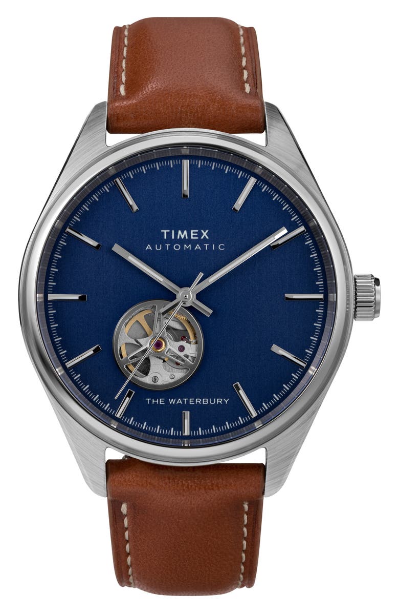 Timex<sup>®</sup> Waterbury Traditional Leather Strap Watch, 42mm, Main, color, 