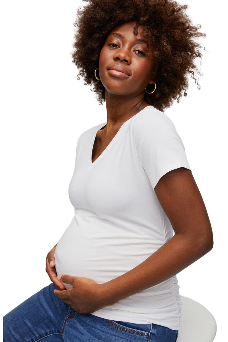 V-Neck Side-Ruched Maternity Short Sleeve Tee, Alternate, color, White
