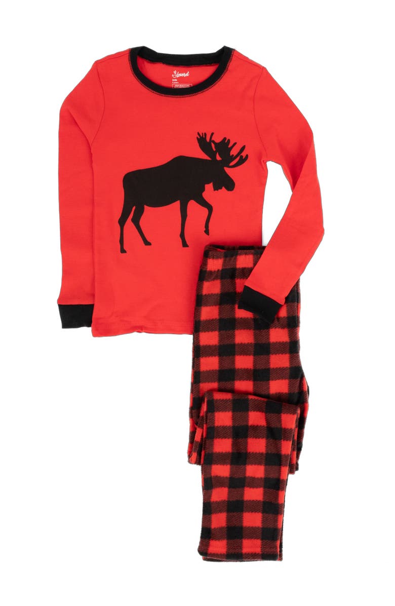 Leveret Kids Cotton Top & Fleece Pants Printed Matching Family Holiday Pajamas, Alternate, color, Moose