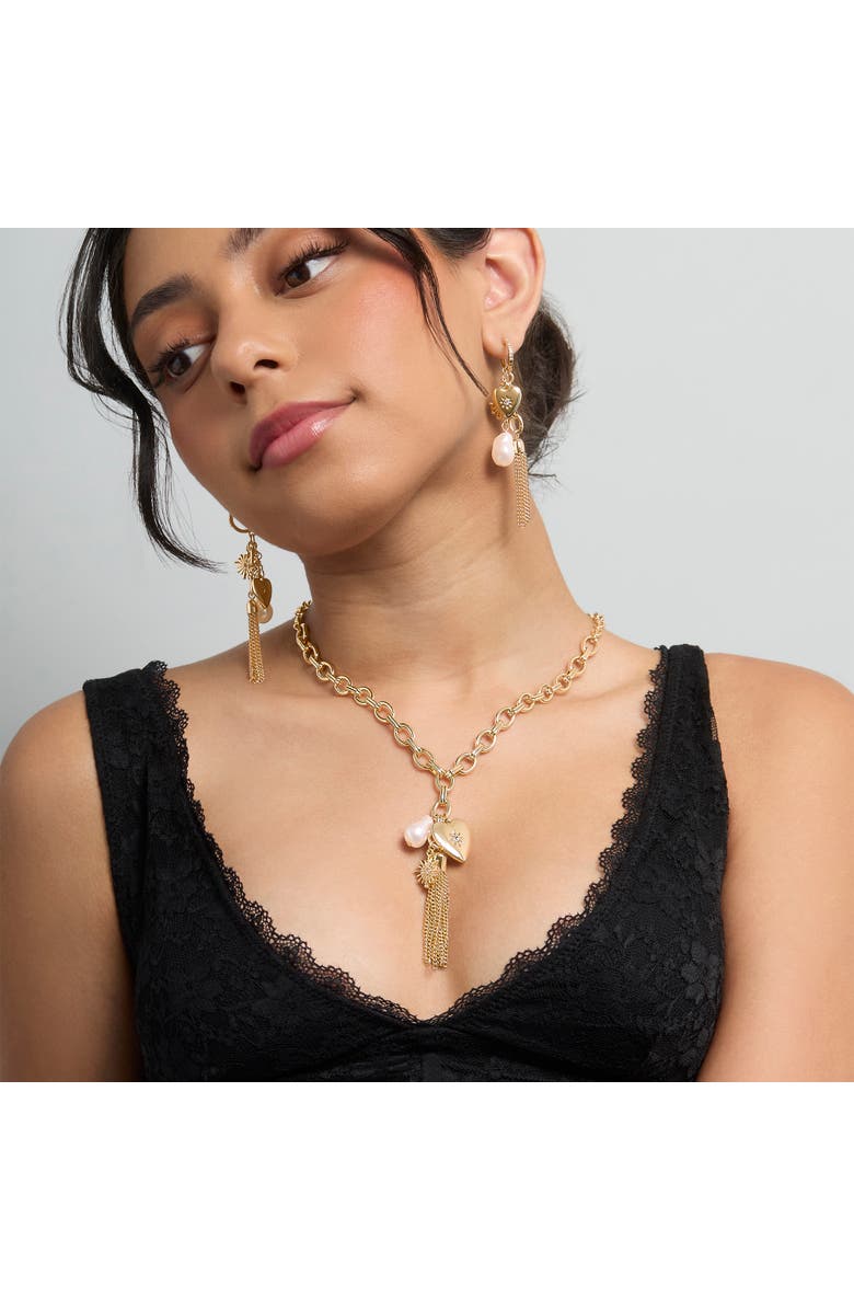 BCBG Generation Multi-Charm Tassel Hoop Earrings, Alternate, color, Gold