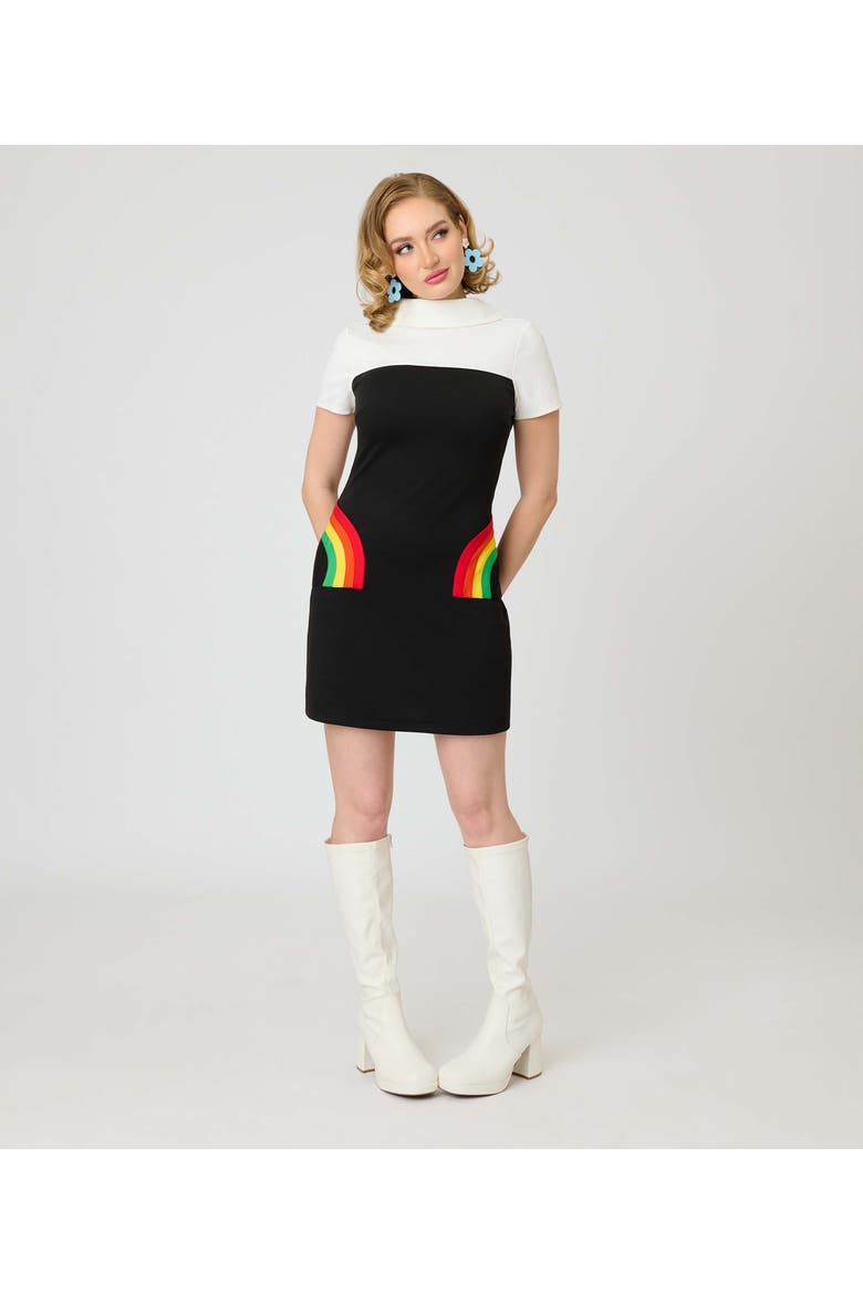 Mock Neck Patch Pocket Shift Dress, Main, color, Black w/Rainbow Pocket